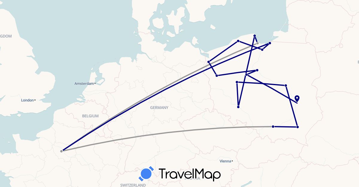 TravelMap itinerary: driving, plane in France, Poland (Europe)