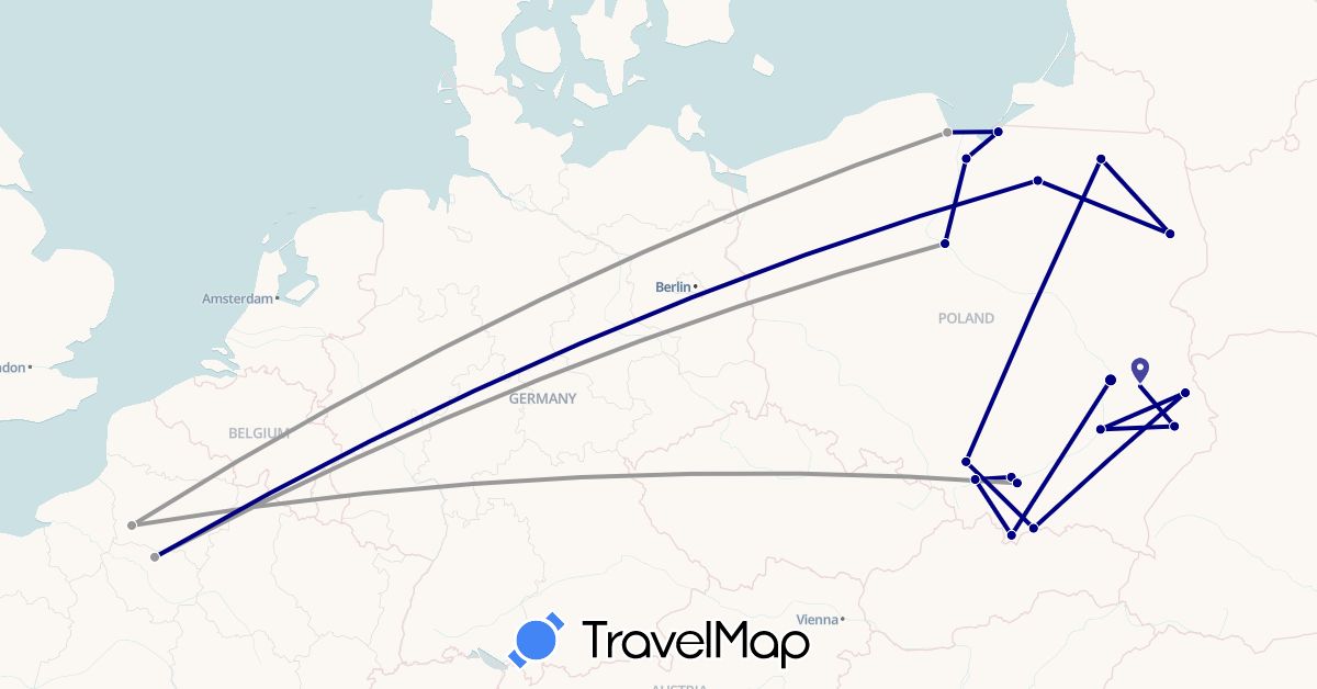TravelMap itinerary: driving, plane in France, Poland (Europe)